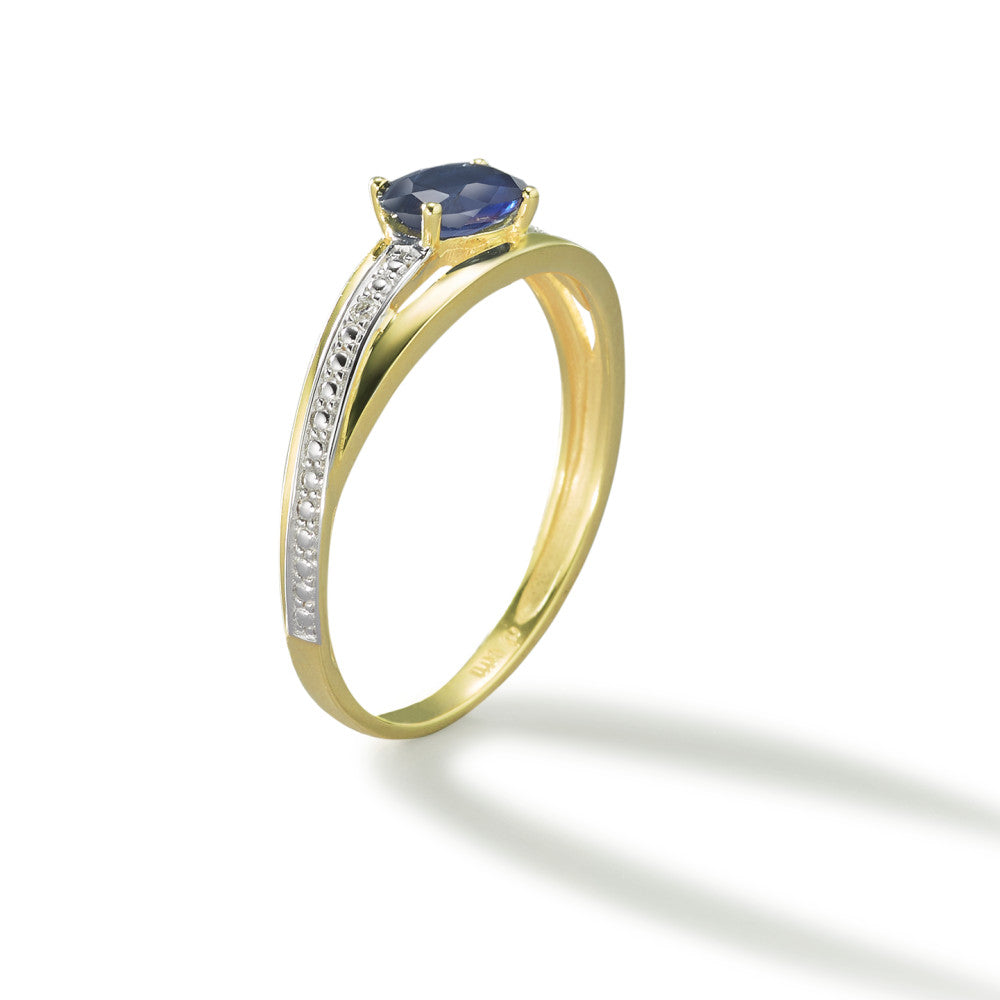 Fingerring 750/18 K Gelbgold Saphir blau, oval, Diamant weiss, 0.01 ct