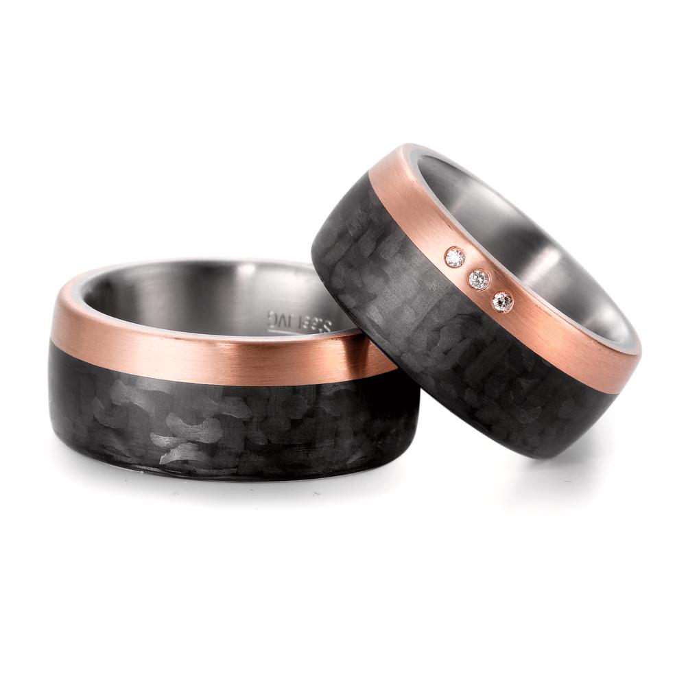 Partnerring Edelstahl, 750/18 K Rosegold, Carbon Diamant 0.03 ct, 3 Steine, w-si