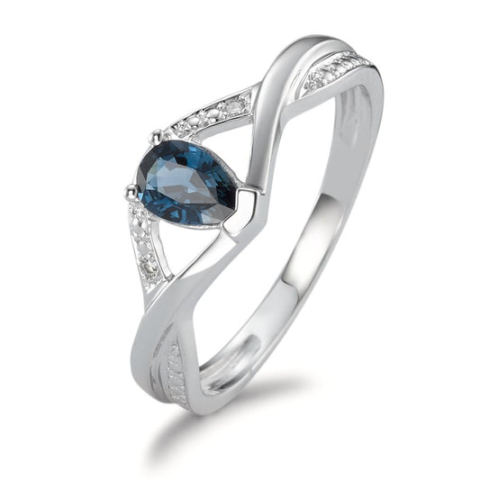 Fingerring 750/18 K Weissgold Saphir blau, Tropfen, Diamant 0.01 ct, 2 Steine