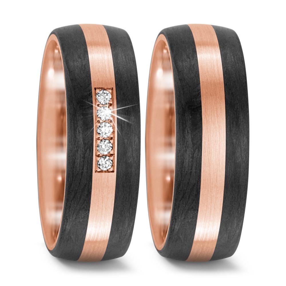 Partnerring 750/18 K Rosegold, Carbon Diamant 0.05 ct, 5 Steine, w-si