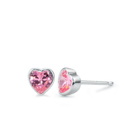 Ohrstecker Silber Zirkonia rosa, 2 Steine Herz Ø6 mm