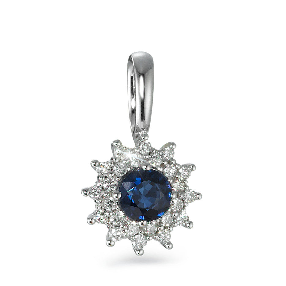 Anhänger 750/18 K Weissgold Saphir blau, Diamant weiss, 0.18 ct, 25 Steine, Brillantschliff, w-si