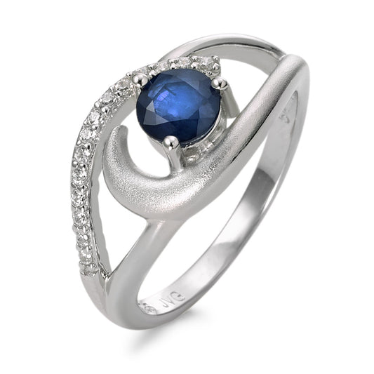 Fingerring Silber Saphir blau, 0.60 ct, Zirkonia weiss rhodiniert