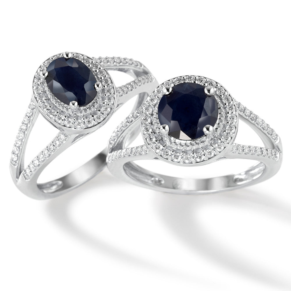 Fingerring 375/9 K Weissgold Saphir blau, 0.95 ct, oval, AAA, Diamant weiss, 0.23 ct, 12 Steine, w-pi1