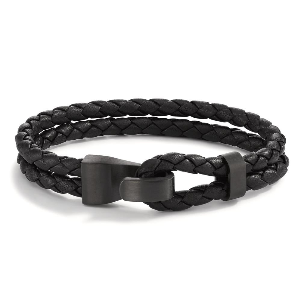 Lederarmband VADINO Lava Grey aus Edelstahl, Flechtleder schwarz