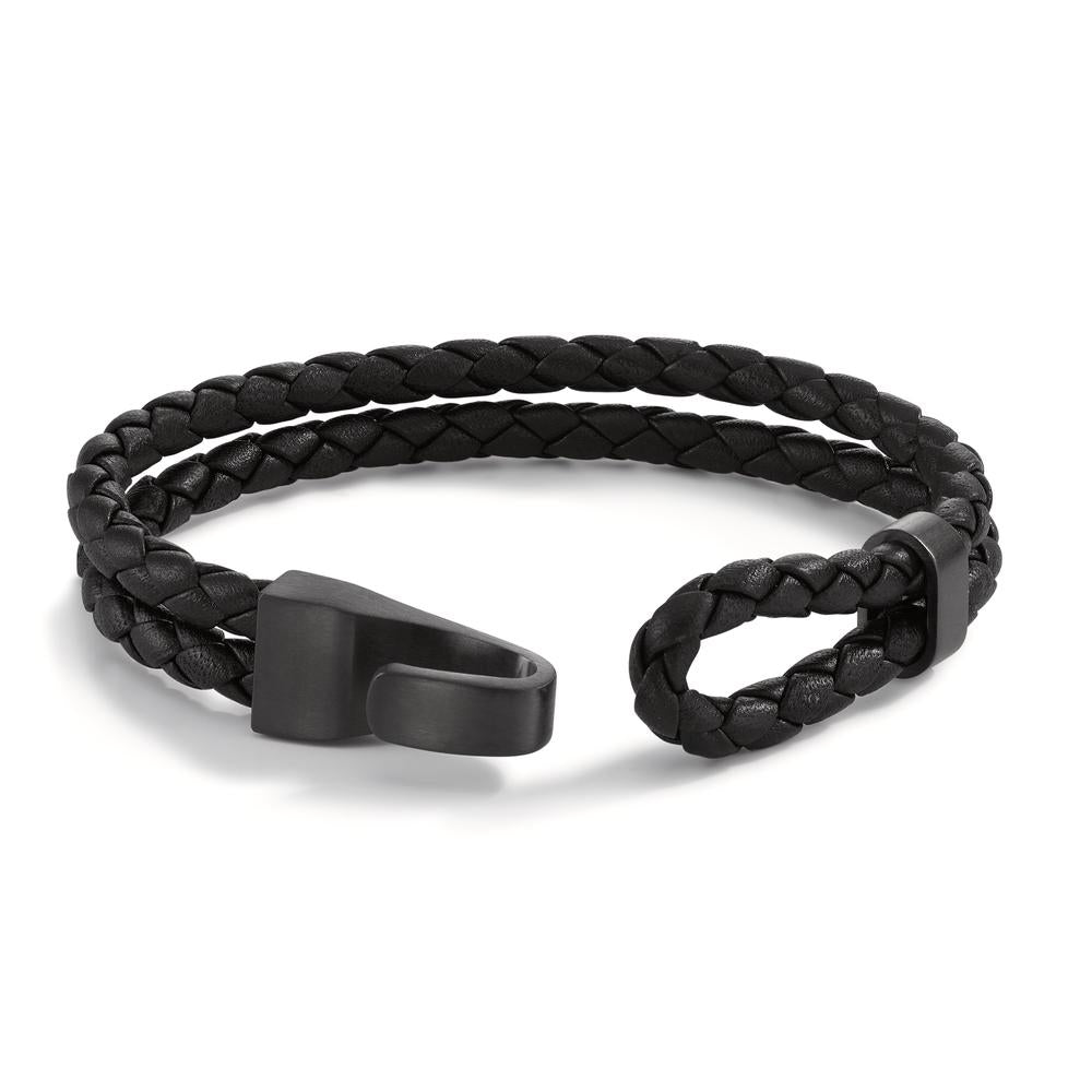 Lederarmband VADINO Lava Grey aus Edelstahl, Flechtleder schwarz