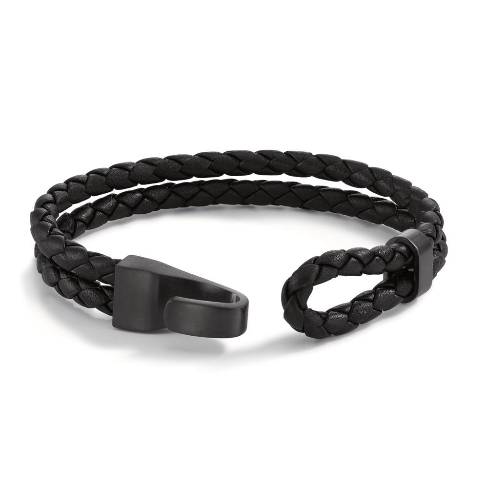 Lederarmband VADINO Lava Grey aus Edelstahl, Flechtleder schwarz, 23cm