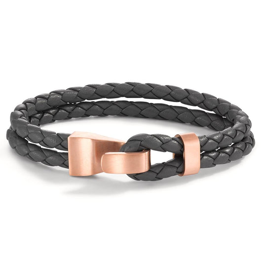 Lederarmband VADINO Roségold aus Edelstahl, Flechtleder SHADOW GREY