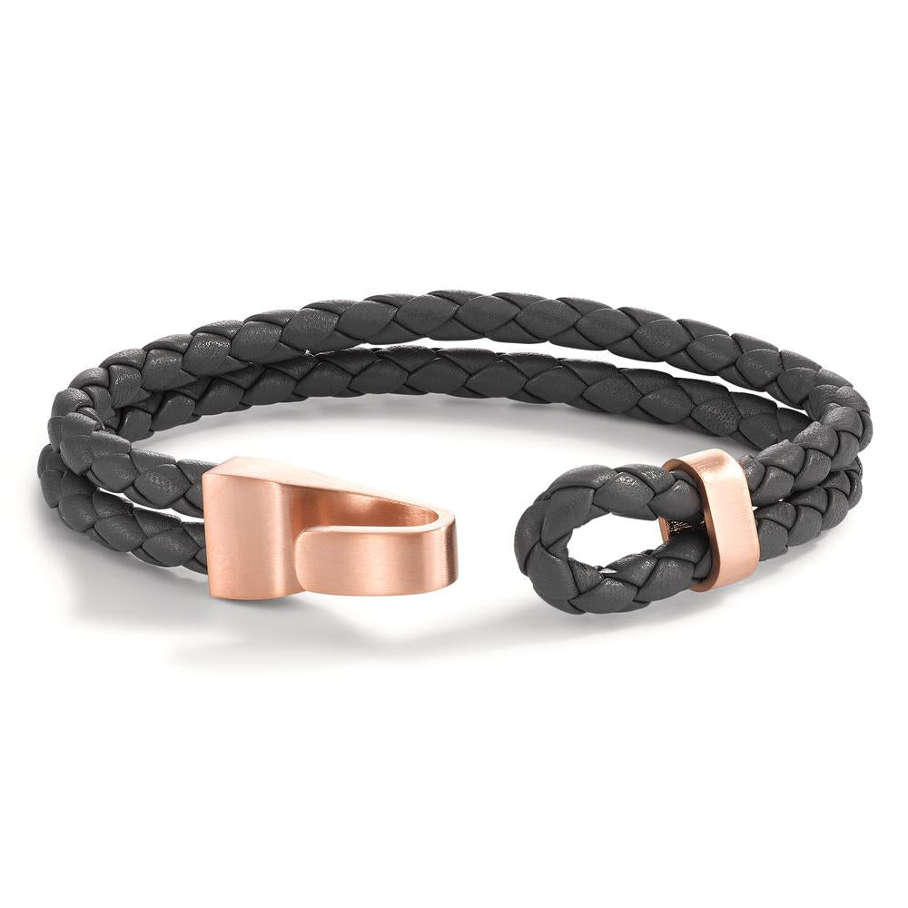 Lederarmband VADINO Roségold aus Edelstahl, Flechtleder SHADOW GREY, 21cm