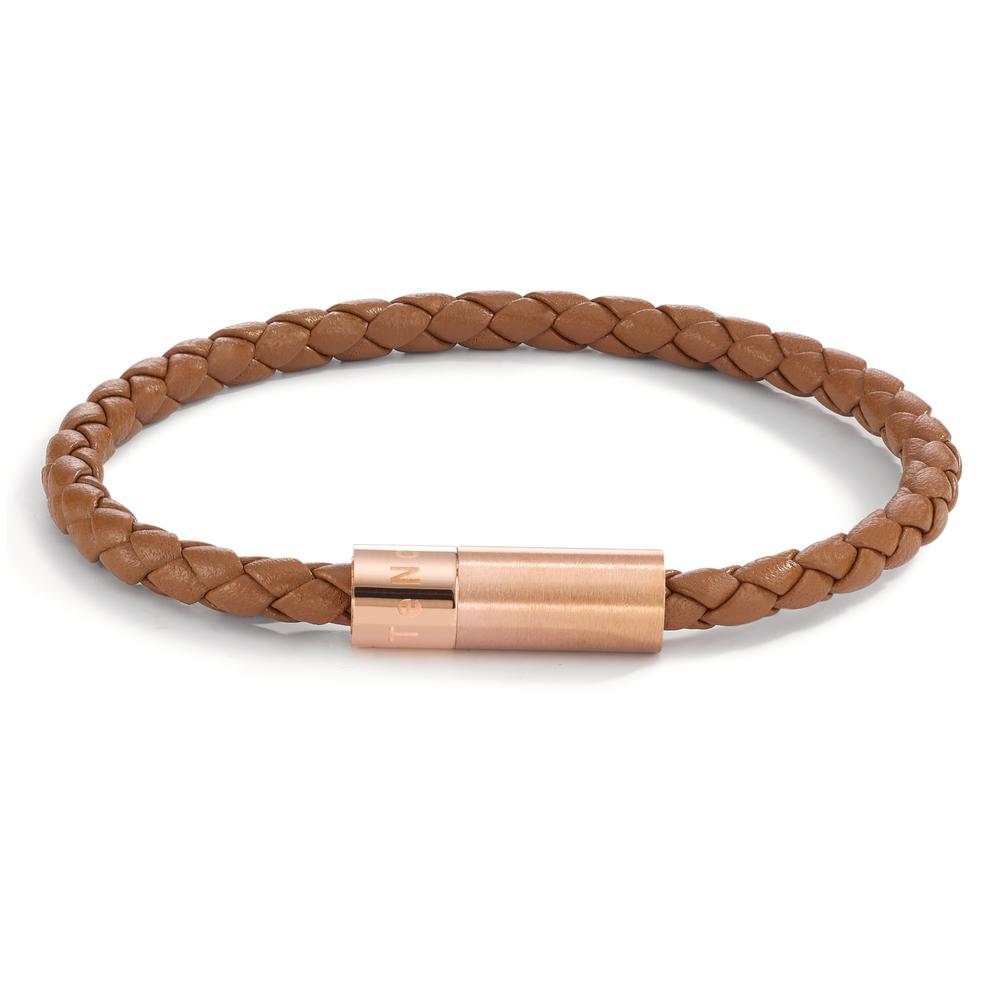 Lederarmband Heritage Roségold aus Edelstahl, Flechtleder HAVANA BROWN, 21cm