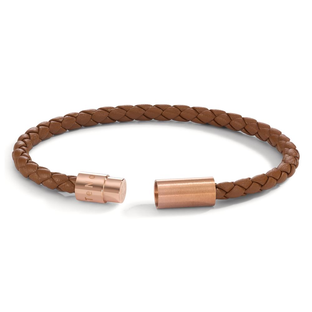 Lederarmband Heritage Roségold aus Edelstahl, Flechtleder HAVANA BROWN, 21cm