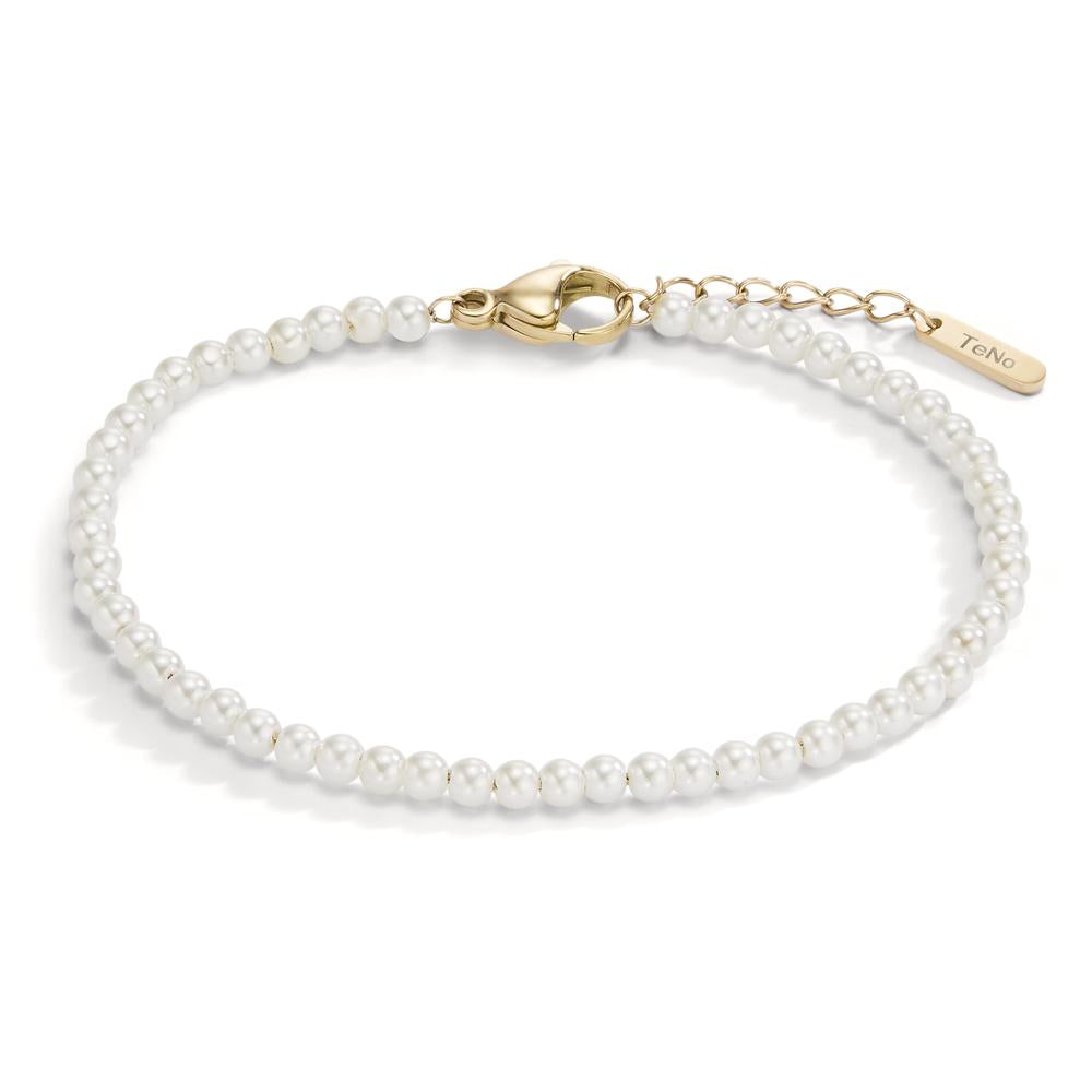 Armband Miyako Gold aus Edelstahl mit weissen Muschelperlen, von 17,5 bis 19,5cm verstellbar.