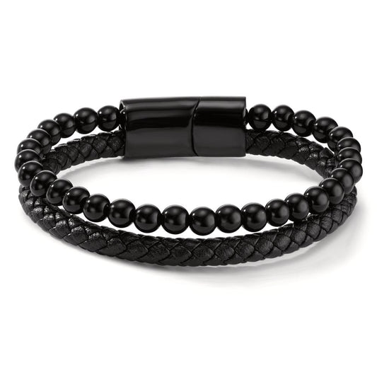 Armband Edelstahl, Leder Lava schwarz IP beschichtet