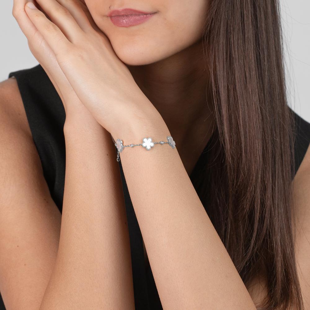 Armband Silber Zirkonia 3 Steine rhodiniert Perlmutt Blume verstellbar