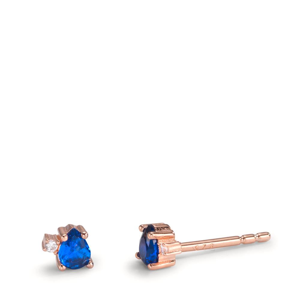 Ohrstecker Silber Zirkonia saphirblau, 4 Steine rosé vergoldet Ø4 mm