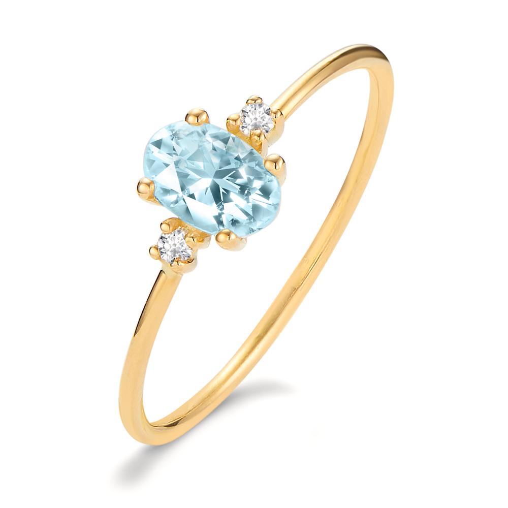 Fingerring 750/18 K Gelbgold Diamant 0.03 ct, 3 Steine, w-si, Topas blau