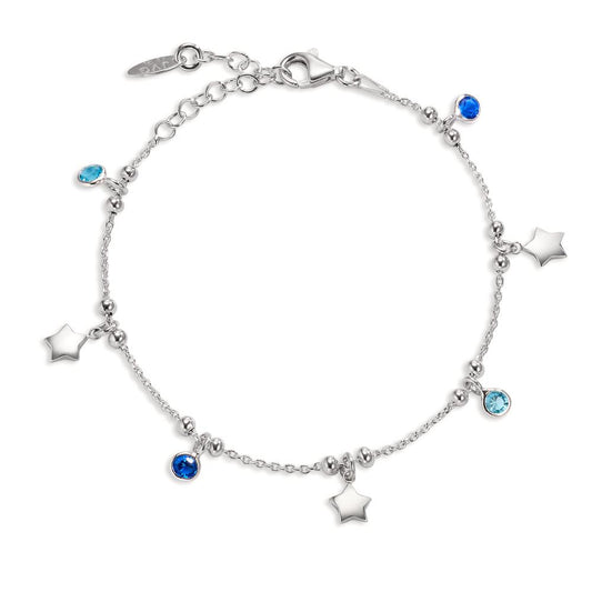 Armband Silber Zirkonia blau, 3 Steine rhodiniert Stern verstellbar