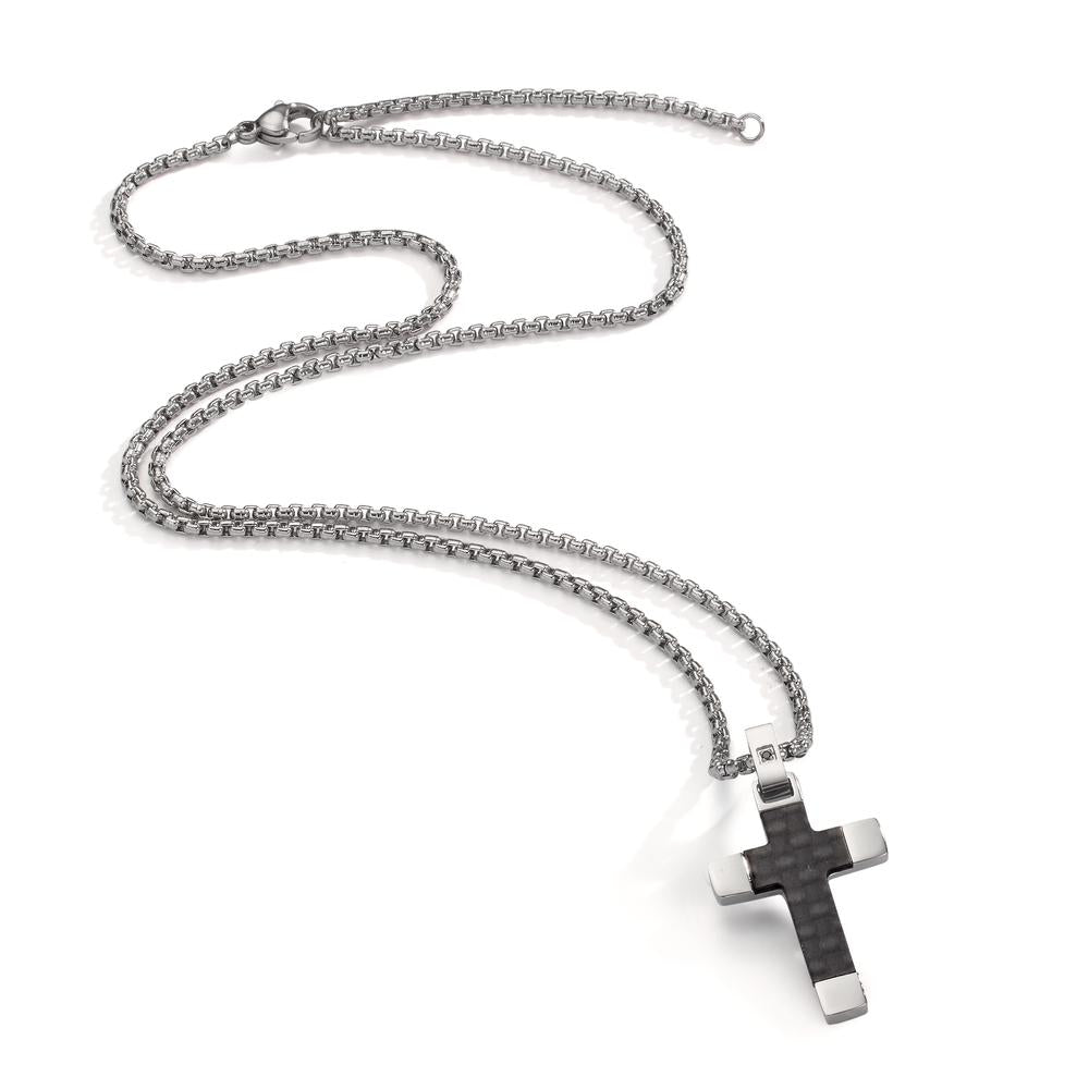 Collier Edelstahl, Carbon Zirkonia schwarz Kreuz verstellbar